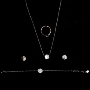 Silver with single coloured ring and bracelet and chain and earrings set