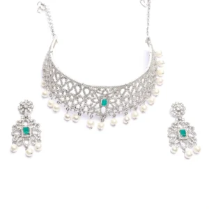 Silver with stone studded and white pearls earring and necklace set